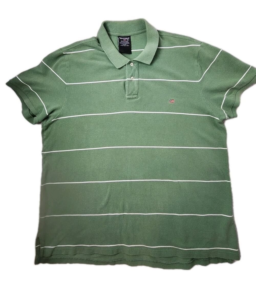 RALPH LAUREN JEAN CO Mens XXL Short Sleeve Green Striped Polo Shirt, RL Flag 2XL
